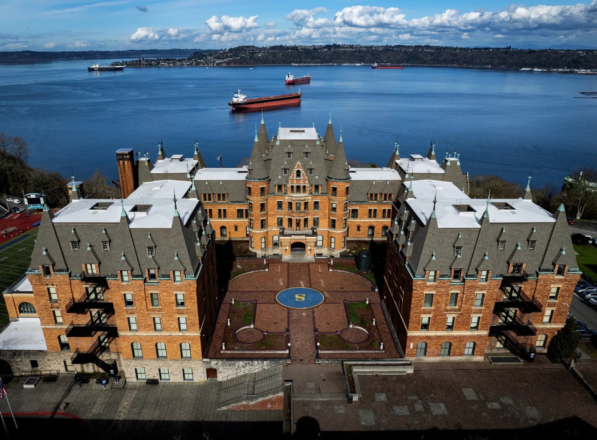Aerial view of Stadium High School in Tacoma overlooking Commencement Bay.
