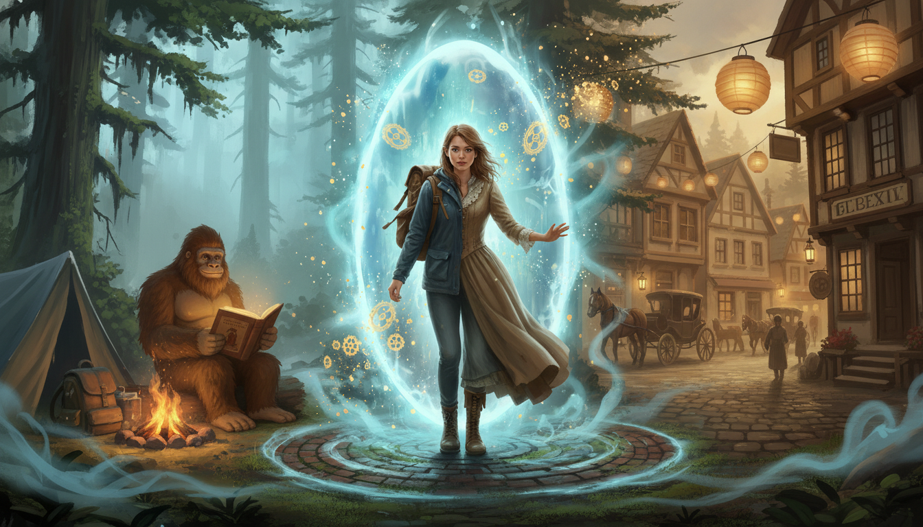Step into history - woman walking through magical portal between different eras