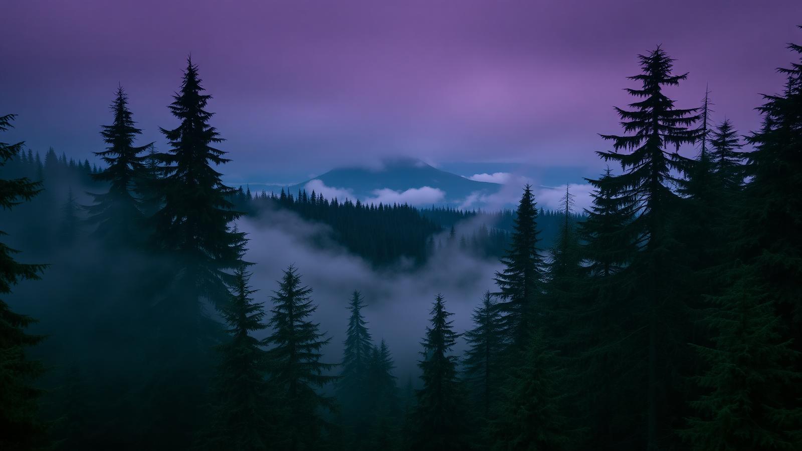 Misty old-growth Pacific Northwest forest at dusk with a distant mountain silhouette